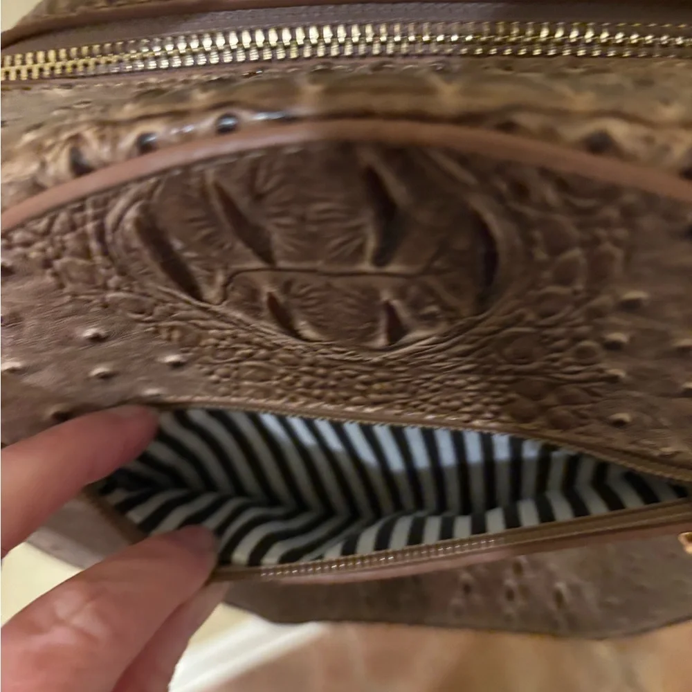 Round Croc-Embossed Crossbody Bag | Brown Ostrich Texture | Top Handle & Strap